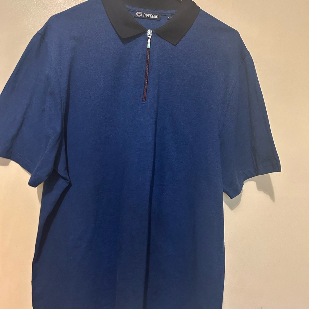 Marcello Men's Blue Polo with Black Contrast Collar Sz XL  Cotton Zip Front